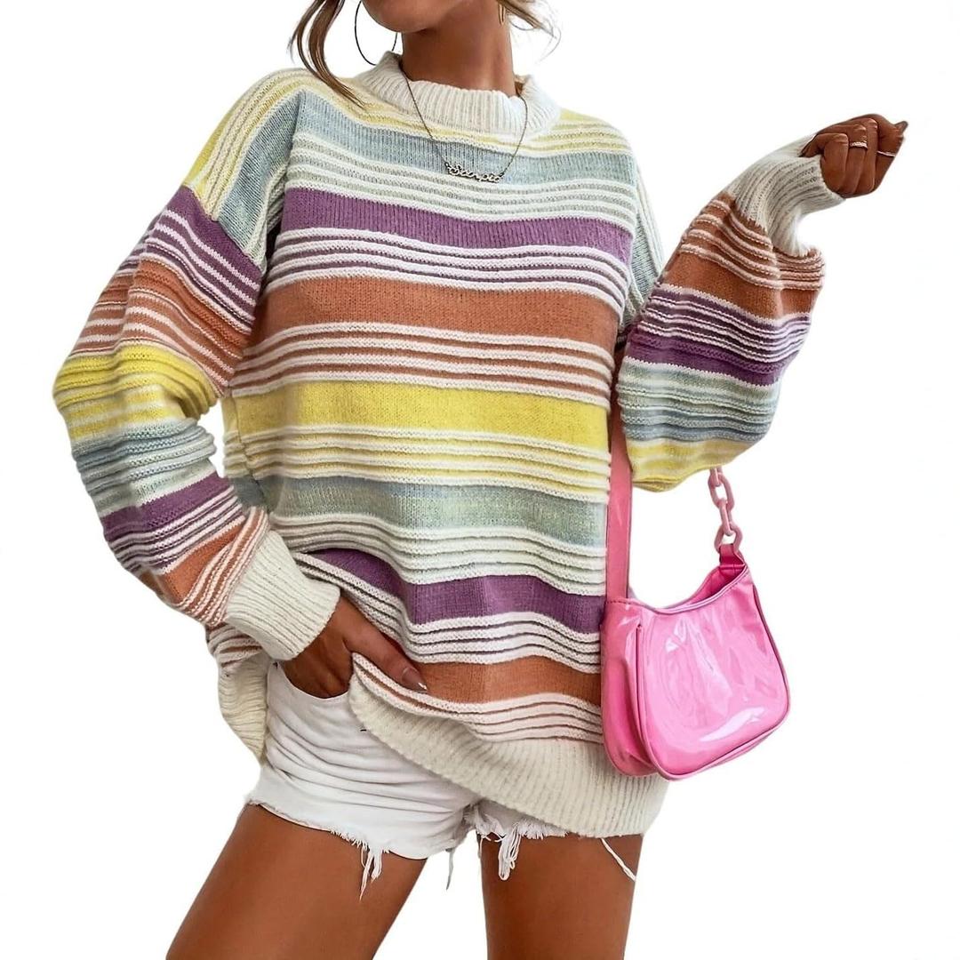 Womens Contrast Striped Pullover Sweaters Crewneck Long Sleeve Loose Colorblock Knit Jumper Casual Oversized Fall Tops Yellow (S)