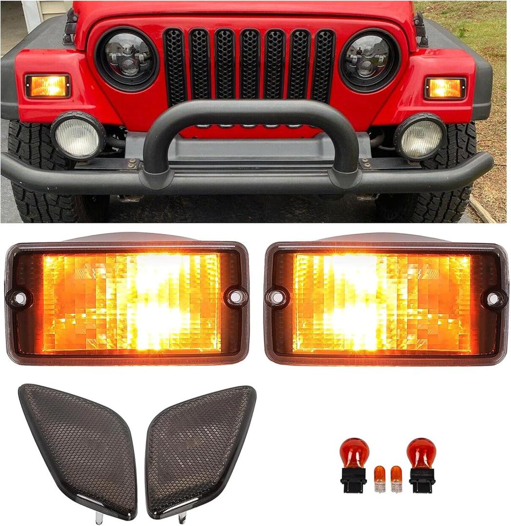 ECOTRIC Signal+Side Marker Lights Fender Side Lights Compatible with 1997-2006 Jeep Wrangler TJ Chassis Smoke Bumper Signal Lights&Fender Side Marker Set
