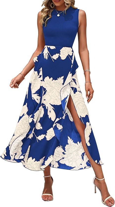 BTFBM Women Casual Sleeveless Summer Dresses 2025 Spring Crewneck Patchwork Boho Floral Ruffle Cocktail Party Midi Dress (Small, Pink Floral Navy)