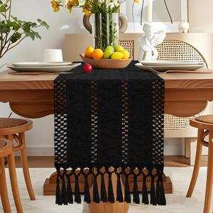 OTOSTAR Boho Table Runner Black Macrame Table Runners with Tassels Woven Table Runner 108 Inches Long Rustic Farmhouse Table Runners for Kitchen Dining Room Home Decor 12x108 Inch (Black)