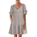 Caracilia Dresses for Women Summer Casual 2026 Ruffle Short Sleeve A Line Tiered Flowy Cute V Neck Mini Beach Dress Pockets Khaki Polka Dot Gray, X-Large