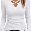 Jar of Love Women's Long Sleeve Shirts for Women Sexy Criss Cross V Neck Ribbed Slim Fit Fall Winter Tops (White, S)