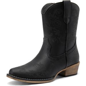 DREAM PAIRS Women's Cowboy Cowgirl Western Ankle Boots,Size 7.5,Black | Square Toe Fashion Dress for Country Concert Theme Party Low Chunky Heels Fall Short Booties Shoes