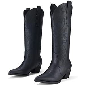 Rollda Cowboy Boots for Women Cowgirl Boots Embroidered Knee-High Western Boots Pointy Toe with Chunky Heel, Size:7.5