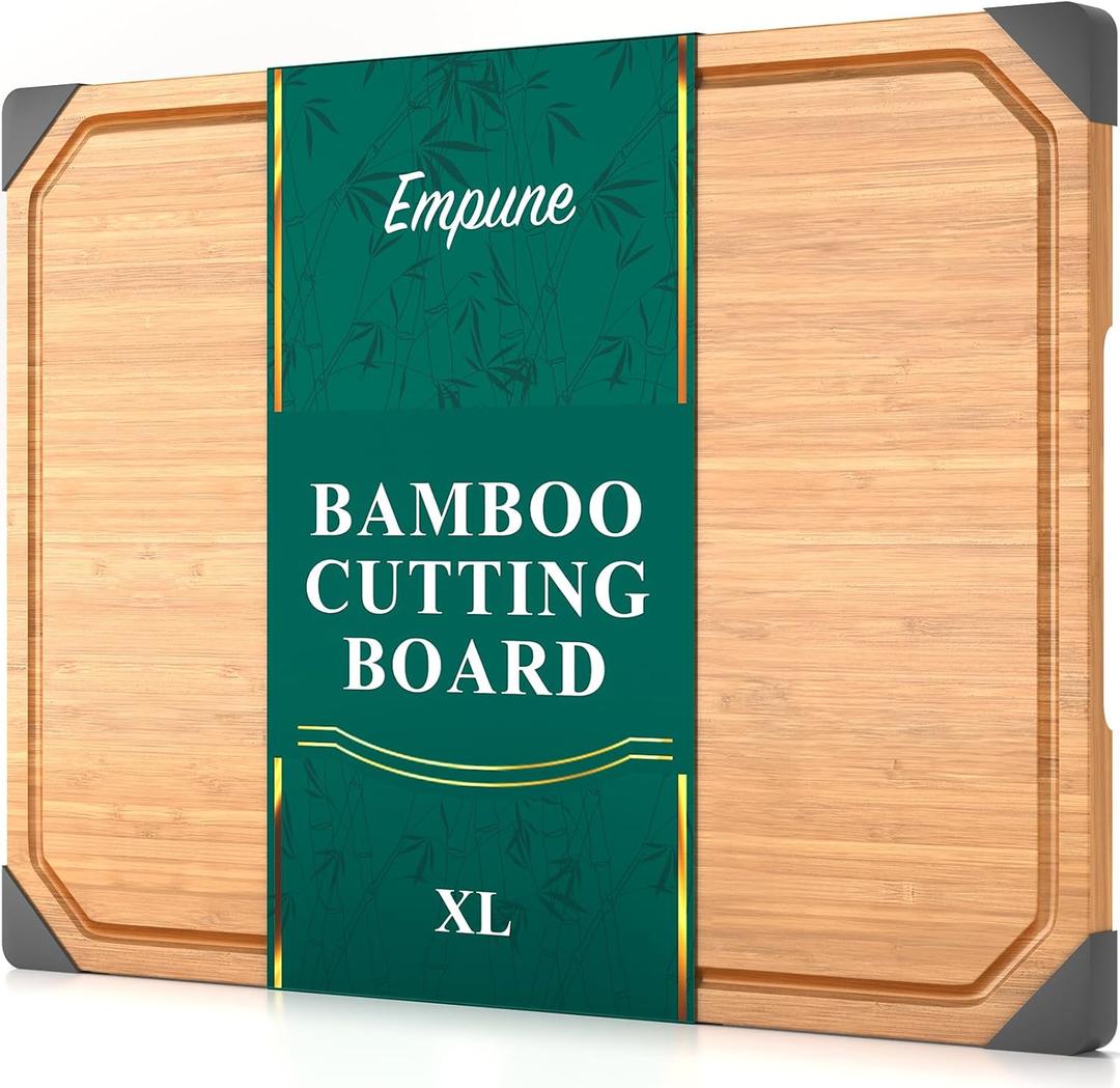 Bamboo Cutting Board, Empune Wood Cutting Boards for Kitchen with Non-slip Rubber Feet Wooden Chopping Board for Meat and Vegetables, XL (17.3"L x 11.4"W)