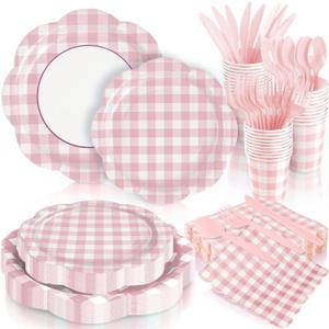 168Pcs Pink Gingham Plates and Napkins Party Supplies, Scalloped Checkered Disposable Mother's Day Paper Plates Set with Napkins Cups Plastic Cutlery for Birthday Wedding Baby Shower Party Supplies