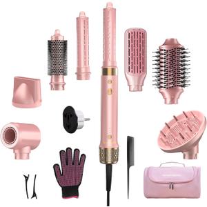 StyleVibe 8-in-1 Air Styler, Dual Voltage Hair Dryer & Blow Dryer Brush with Travel Case - Auto Wrap Curls (L/R), Fast Drying, Thermal Brush for Blowouts & Frizz-Free Volume, No Heat Damage (Pink)