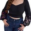 Plus Size Cropped Sweater for Curvy Women Oversized V Neck Lantern Sleeves Ribbed Knit Sweaters Long Sleeve Sweater, 2XL
