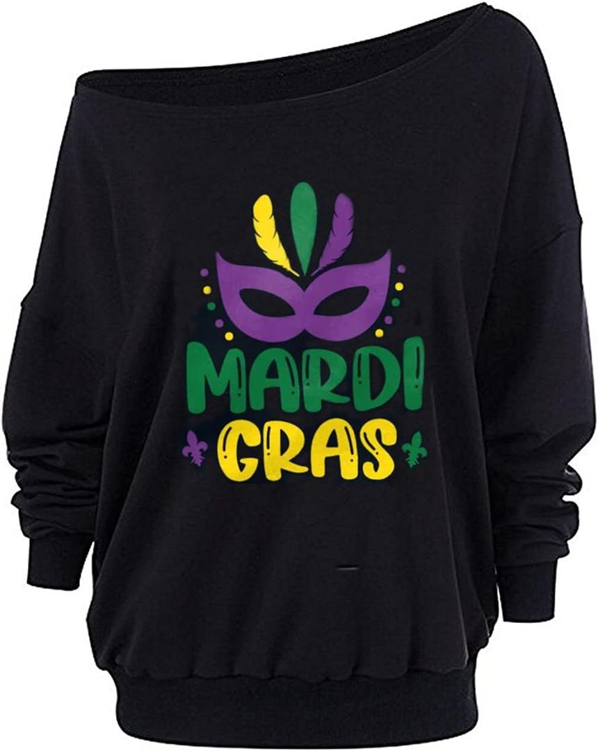 Roshop St Patricks Day Sweatshirt Women Loose Baggy Off Shoulder Lucky Irish Shamrock Long Sleeve Sweatshirts (Black, XXXL)