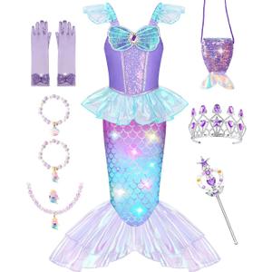 Meland Mermaid Costume for Girls - Light Up Halloween Costume for Kids Toddler 3-10, Princess Dress Up for Girl Birthday Gift (3-4 Years)