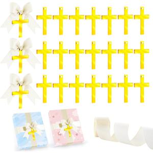 24 Pcs Baptism Acrylic Cross Tags Baptism Favors Cross with White Ribbon Gold Acrylic Cross Gift Bow Tag for Holy Water Bottles Decor, Birthday, Baby Shower, Christian Decor