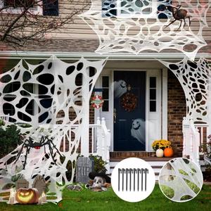Halloween Spider Webs Decoration Outdoor, Stretchy Beef Netting Spooky Spider Webs Decorations with Ground Stakes for Halloween Party Haunted House Indoor and Outdoor (White)