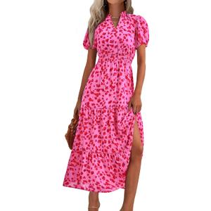 MASCOMODA Summer Maxi Dresses for Women 2026 Casual V Neck Puff Short Sleeve Smocked Flowy Beach Boho Long Floral Dress (Large, F-rose Red)
