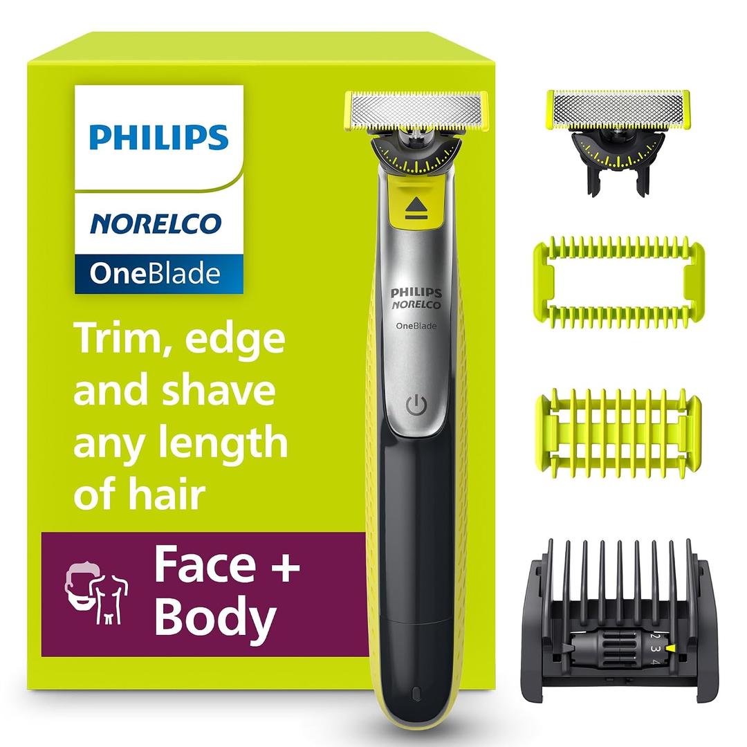 Philips Norelco for Face + Body, Electric Beard Trimmer, Shaver and Groomer, 5in1 Adjustable Comb, 1x Body Kit, Model QP2834/70, Black/Lime Green, OneBlade 360 Face + Body