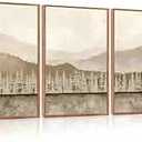 Aurlan Abstract Neutral Tan Nature Landscape Wall Art Set(16”x24”), 3 Pieces Duotone Beige Misty Mountain Framed Canvas Artwork, Large Modern Pine Tree Foggy Forest Wall Decor for Office Bedroom Living Room