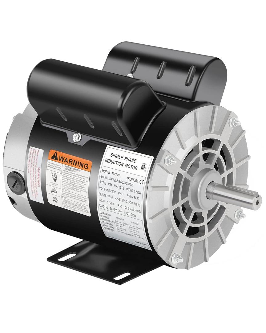 Air Compressor Motor,2 HP SPL 3450 RPM Electric Motor, 115/230V 15/7.5A Single Phase, 56 Frame 5/8" Keyed Shaft, Commercial-Duty CCW Rotation, 1.88" Shaft Length for Air Compressors