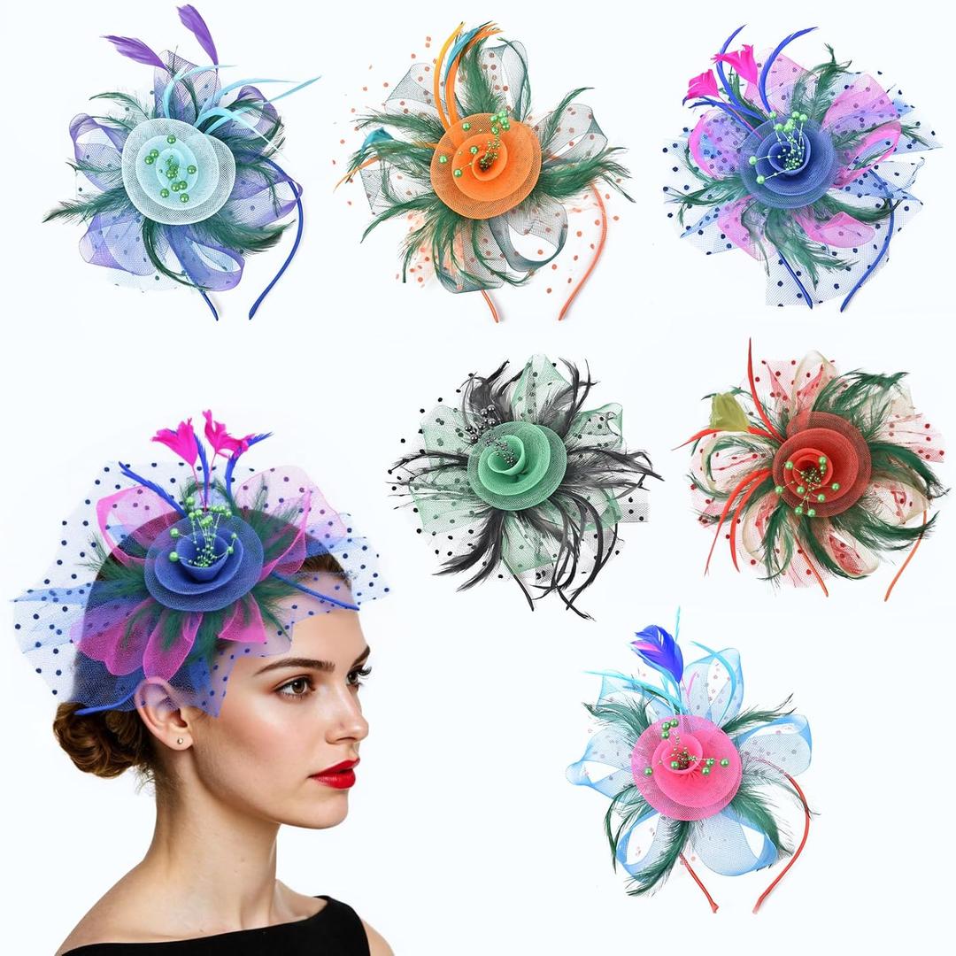 6Pcs Multicolor Tea Party Hats for Women, Fascinators with Headband and Clip, Flower Mesh Feathers Beads Fascinators Hats for Women and Girls, One Size