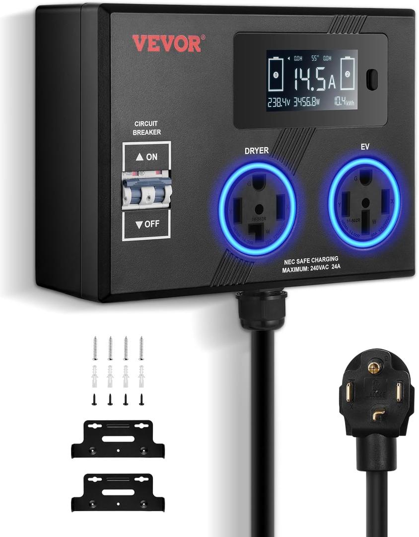 VEVOR NEMA Splitter for Dryer and EV, 3-Color LED Indicator, 240V Smart Power Distribution, with NEMA 14-30 Plug, NEMA 14-30 & NEMA 14-50 Outlets, Large 3.4-Inch LCD Screen, for Max 24A Dryer or EV