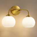 RUIYEY Bathroom Vanity Light Fixtures: 2-Lights Gold Bathroom Lighting Fixtures Over Mirror, 15.9" Mid-Century Modern Wall Sconces with Ribbed Lantern Frosted Glass Shade for Kitchen Bedroom Restroom