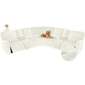 Arfntevss Sectional Recliner Couch Covers Velvet Washable Corner Sectional Sofa Cover for Reclining Couch Stretch Soft Thick L Shape Recliner Slipcover Set (5 Seat with 2 Console Cover, Cream)
