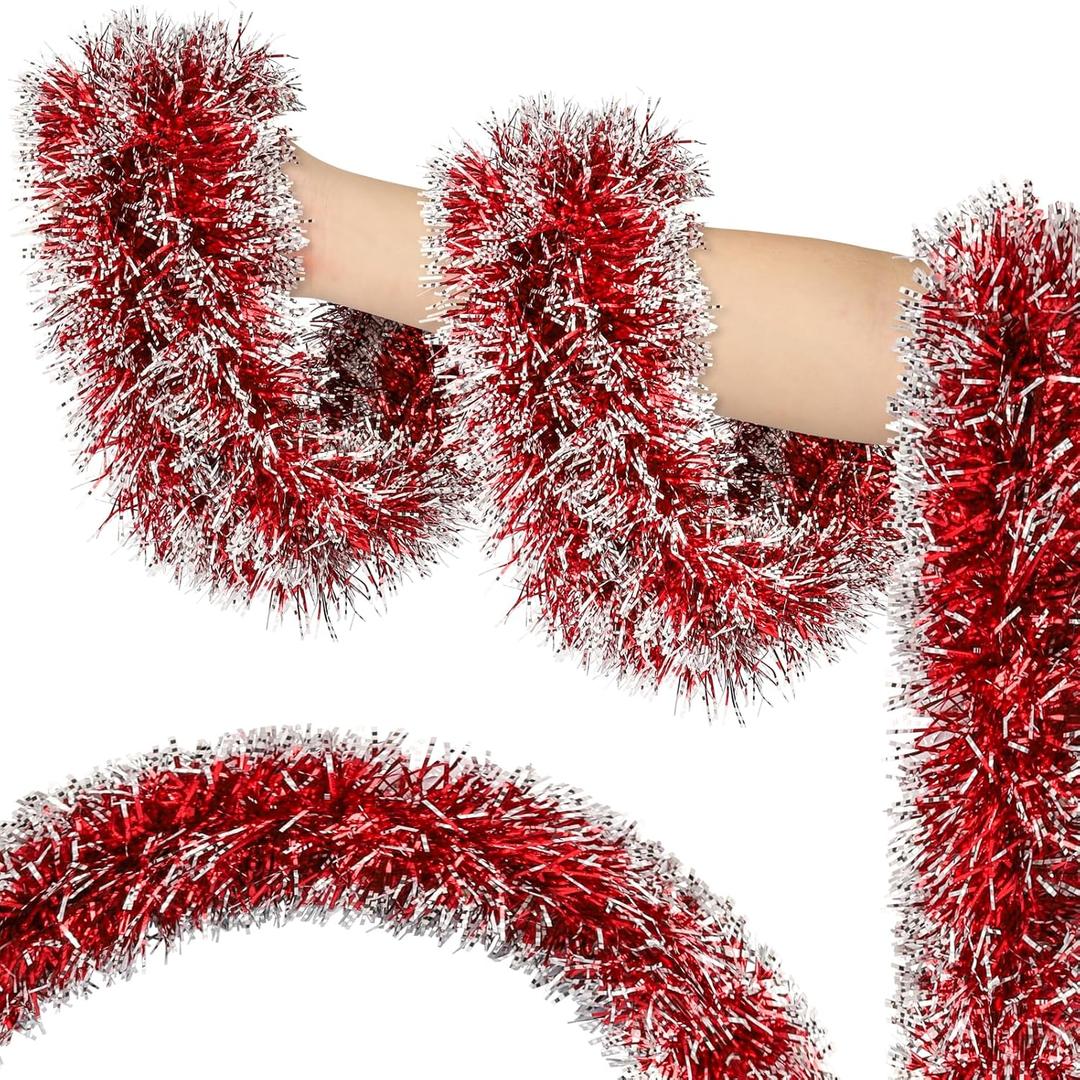 50ft Red&White Christmas Tinsel Garland Christmas Tree Garland Decorations Metallic Tinsel Glitter Twist Garlands Hanging Streamers for Indoor Xmas Holiday Decor