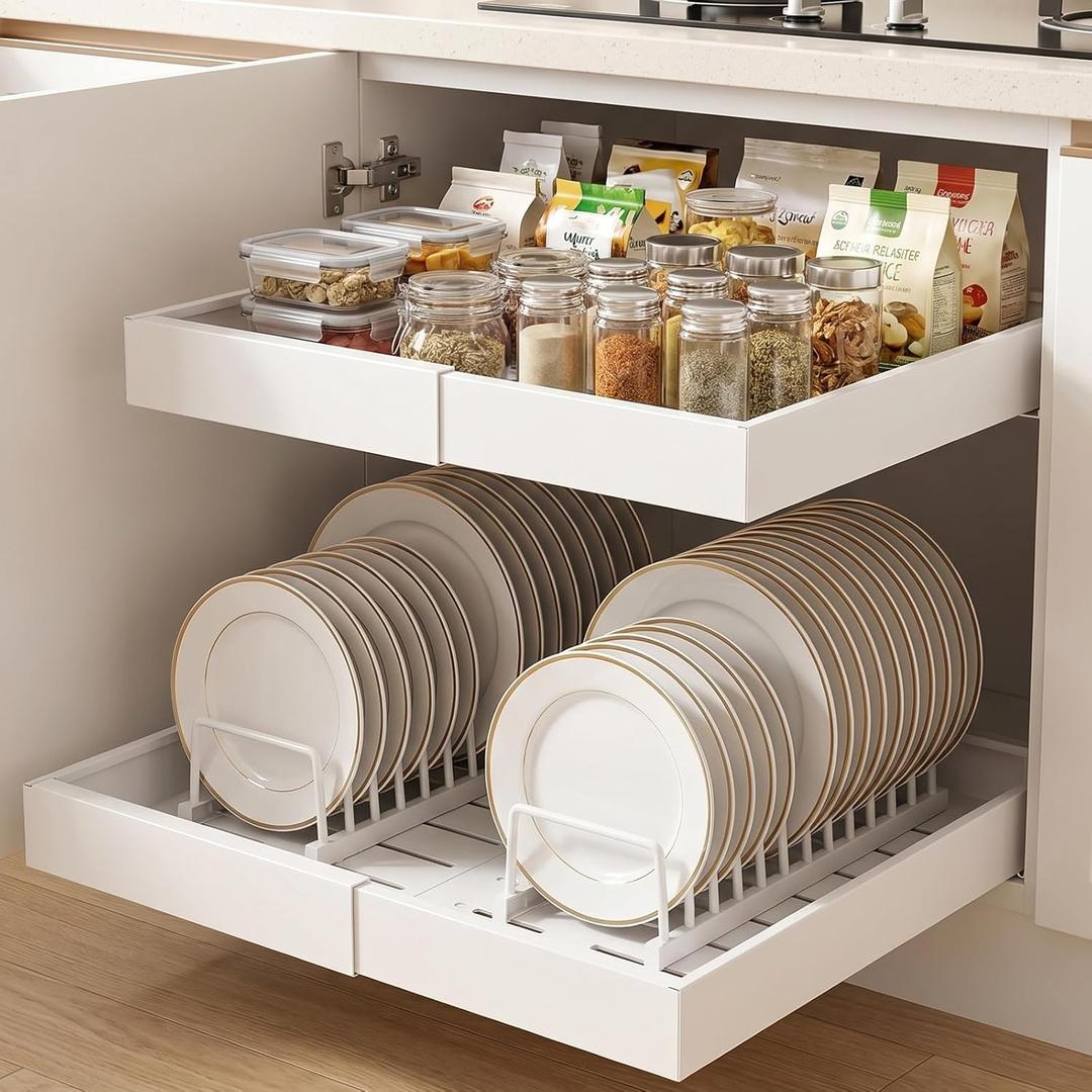DOMNIU 2 Pack Pull Out Cabinet Organizers Expandable Width (12.4''-20.27''), Upgrade 3 Slide Rails Sliding Drawer for Kitchen Cabinet Organizer with Adhesive Nano Film, White