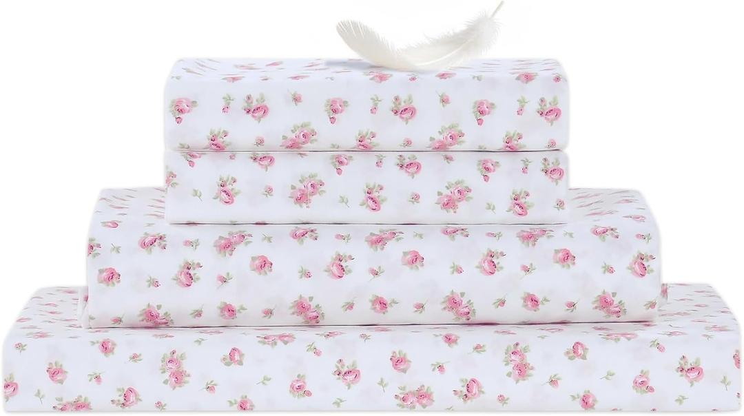 Modern Threads Silky Soft Microfiber and Wrinkle Free Sheets - Luxurious Microfiber Bed Sheets Includes Flat Sheet, Fitted Sheet with Deep Pockets, & Pillowcases Ivory, Full (17 Roses on Ivory)