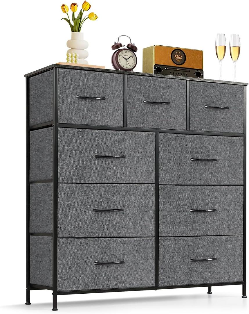 9-Drawer Dresser for Bedroom, Anti-Tip Tall Storage Organizer Chest of Drawers with Wooden Top and Metal Frame Fabric Bins for Closet, Living Room, Hallway, Entryway, Gray, 11.8"D x 39.4"W x 40"H