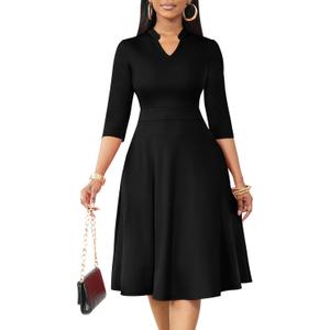 Nmoder Casual Dresses for Women Semi Formal Fit and Flare 3/4 Sleeve A-line Church Work Dress with Pockets, M