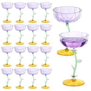 HKSZEH 24 Pcs Purple Plastic Ribbed Coupe Glasses Detachable 7oz Flower Cocktail Glasses Modern Wavy Plastic Cocktail Coupes Disposable Martini Glasses Mimosa Glassware champagne goblets (24, Purple)
