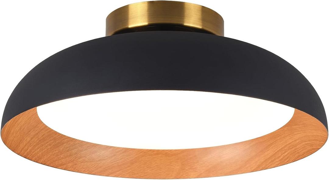 Bargeni Flush Mount Ceiling Light,12.5 inch LED Ceiling Light Fixture,5CCT Dimmable/2700K-6000K/20W, Matte Black with Wood Accent,Mid Century Light Fixtures Ceiling Mount,ETL Certified