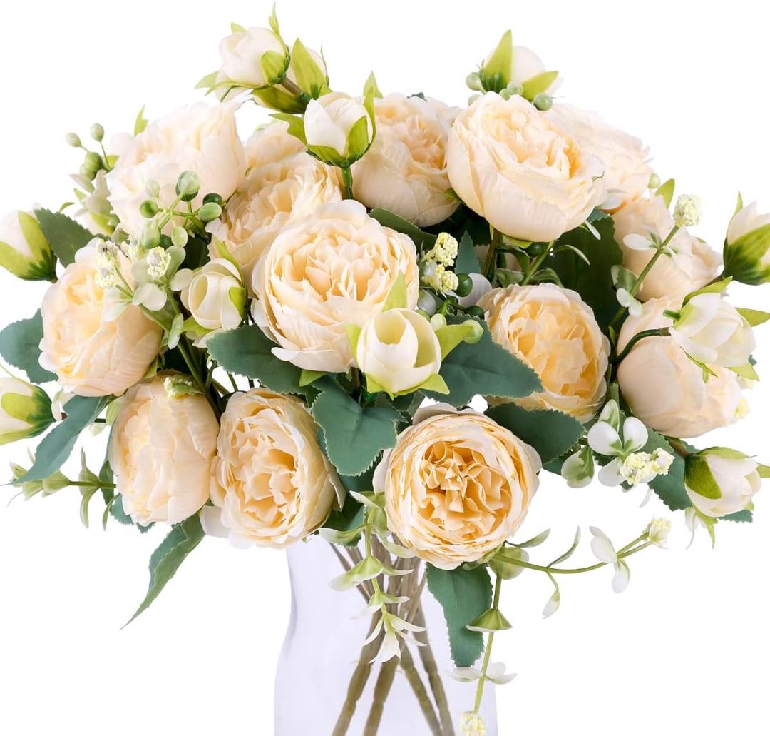 Floweroyal 4 Bunches Peony Artificial Flowers Champagne Flowers Silk Peonies Bouquets for Wedding Party Table Centerpieces Floral Arrangement Home Kitchen Decor.
