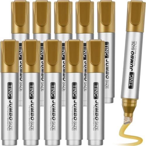 Fuutreo 10 Pack Jumbo Permanent Markers Bulk Large Chisel Tip Permanent Markers Quick Drying Waterproof Big Huge Poster Pens for Office, Logistics Company and More (Gold)