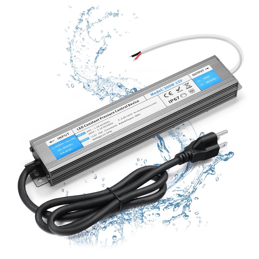 LED Driver 300 Watts Waterproof IP67 Power Supply 85V-265V AC to 12V DC Converter,Quiet and Small LED Transformer Low Voltage Output with 3-Prong Plug 3 Feet Cable for LED Light Strip, Outdoor