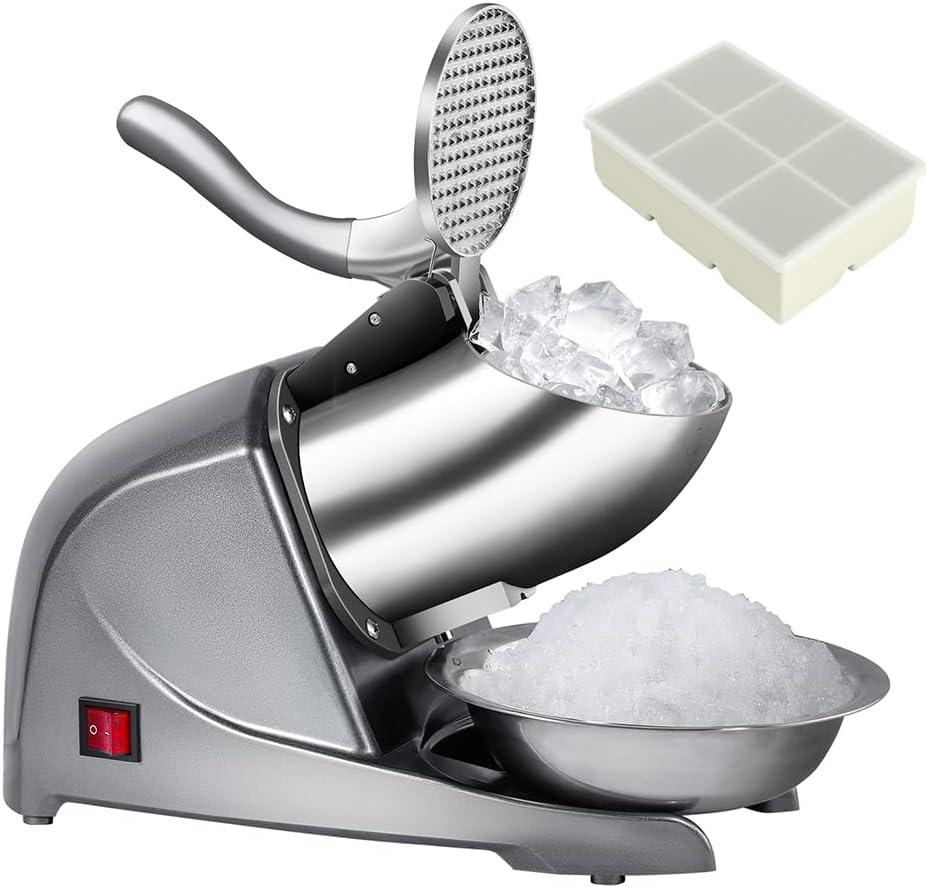 4-Blade Ice Shaver Snow Cone Maker Prevent Splash Stainless Steel ice Crusher Machine,200lbs/hr with ice Tray for Home and Commercial Use（Silver）
