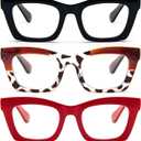 REAVEE Reading Glasses for Women, Blue Light Blocking Stylish Oversized Computer Readers Spring Hinge (Black/Brown Leopard/Red)