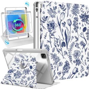 for iPad Air 11 inch Case, Air 5th/4th Generation 10.9, Pro 11'' Case Women Girls for Apple Pencil Holder Cute Girly Flower Floral Rotating Folio Cover for iPad Air 5/Air 4/Pro 11" (2-Blue Floral)