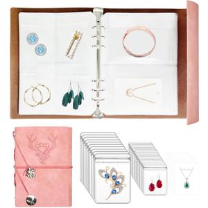 Travel Jewelry Organizer, A5 Binder Jewelry Storage Book with Pockets, Foldable Earring Holder with Clear Jewelry Bags for Ring, Studs and Bracelet(70 Grids+70 Thicken PVC Bags) (Deep Love, Fresh Pink - 70 Grids)