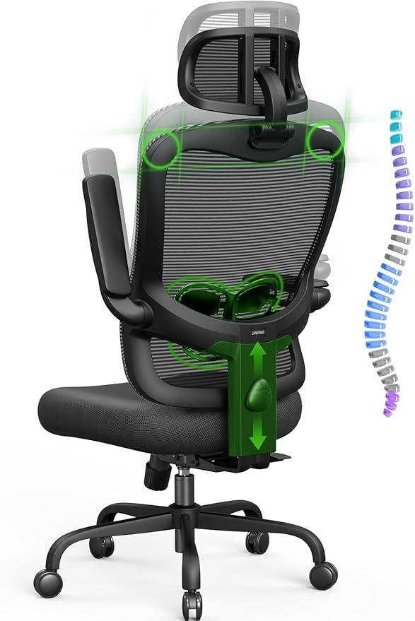 Ergonomic Office Chair Big and Tall - 6'5" Tall Max, 350Lbs Capacity Computer Desk Chairs Over 10 Hours Comfortable, with Adjustable Mesh High Back, Lumbar Support, 3D Headrest, Flip-up Arms (Black With Metal Legs)