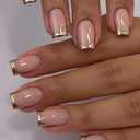 Gold French Tip Press-on Nails - Medium Square Nude Pink Glitter Design, Full Cover Artificial Luxury False Nails, 24pcs DIY Decoration Set