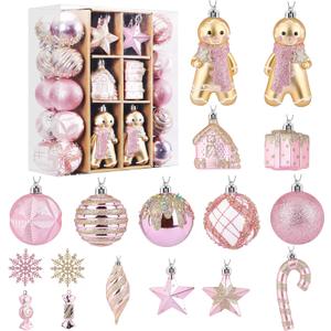 SHareconn 65pcs Christmas Tree Ornaments Set, Shatterproof Christmas Gingerbread Man Balls Bulk Gift Boxes, Hanging Plastic Decorative Baubles for Xmas Trees Decorations, Holiday Party, Pink Gold