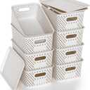 Plastic Storage Bins with Lid, Stackable Small Box Basket for Organizing and Containers for Shelves Drawers Desktop Closet Playroom Pantry Classroom Office Home, 8-pack 10.2x7.2x4.1 Inch, White