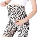 Women Maternity Yoga Shorts Over The Belly, Pregnancy Active Wear Workout Knee Length Leopard Athletic Biker Shorts (Brown, L)