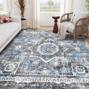 Machine Washable Rug 4' x 6' Vintage Design Area Rugs with Non Slip Rugs for Living Room Bedroom Carpet Stain Resistant, Home Decor Office Boho Rug, Navy Blue