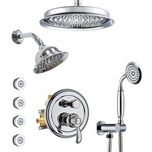 Dual Antique Shower Head System with Body Jets: 9" Ceiling Mounted Rain & 6" Wall Mount Vintage Rainfall and Handheld Spray Faucet Set, 4 Way Diverter Brass Valve with Trim Kit, Chrome