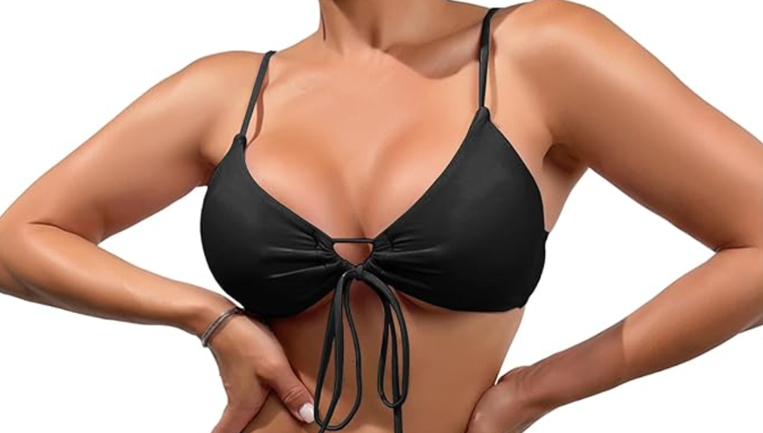 Meioro Bikini Top for Women Tie Front Triangle Bathing Suits, Solid V Neck, L