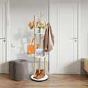 LIWSHWZ Rotary Coat Rack Freestanding,Solid Wood Coat Hanger Stand with 9 hooks & 3 Storage Shelves for Bedroom, Entryway, Livingroom