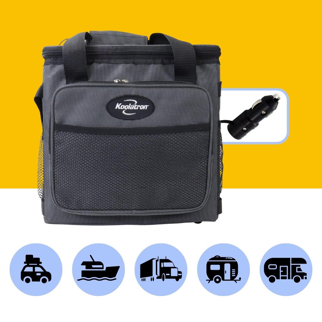 Koolatron Electric Portable Cooler Plug in 12V Car Cooler Bag, 26 qt (25 L) Black/Gray Soft-Sided Portable Car Fridge w/DC Power Cord, Adjustable Shoulder Strap, Cord Storage, Road Trip.