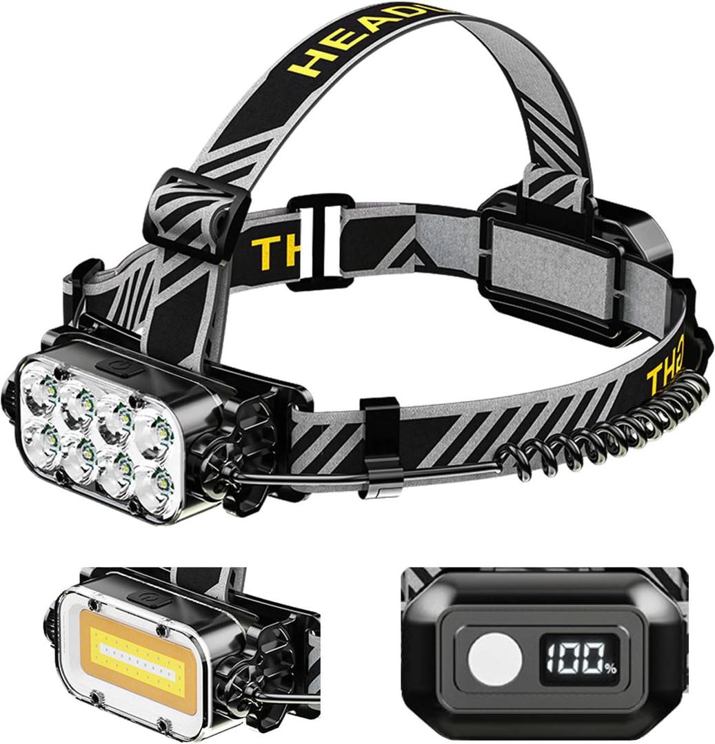 Headlamp for Running, Emergency, Outdoor Activities, 360 Rotating, Digital Power Display Head Lamps, Super Bright 8 LED + 3 COB Headlight with Red Light, Waterproof Flashlight