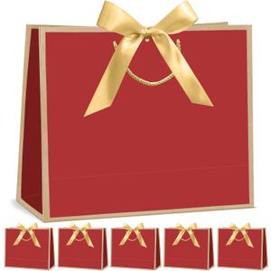 CINSOEN 12 Pcs Paper Gift Bags with Handles, Thank You Gift Bag with Ribbon Bow for Christmas Graduation Wedding Bridesmaid Birthday Baby Shower Party Valentine's Day, 12.4x9.8x4.3 inches (Red, Gold)